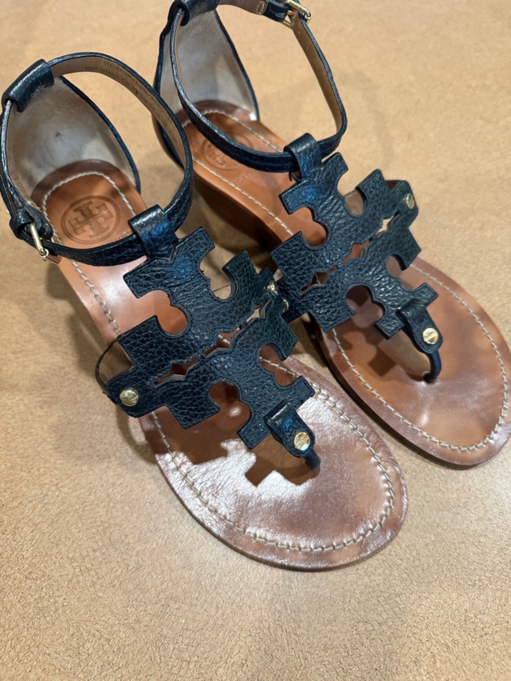 Tory Burch Black Leather Logo Cutout T-Strap Sandals